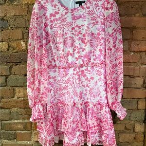 Aqua pink and white Ruffled Tiered Sundress with Bishop Sleeves size s